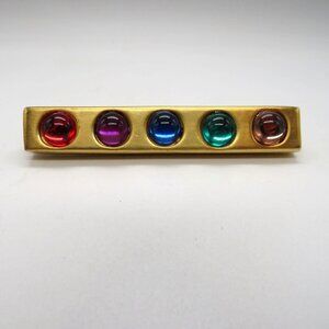 Bar Brooch 3" Gold Tone  Multicolor Lucite Cabochons Vintage 90s Career Pin